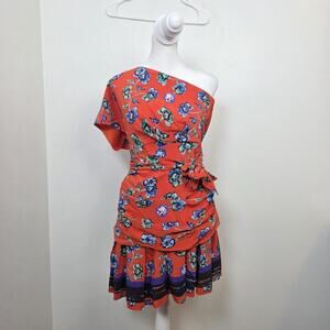 Derek Lam 10 Crosby Orange Floral 100% Silk One Shoulder Mini Dress Size 6
